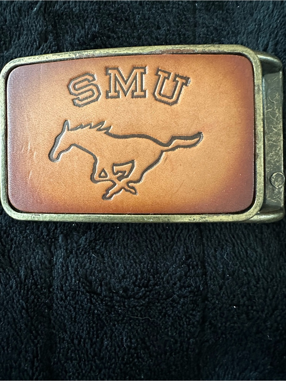 SMU Leather Buckle Belt - Tan Collegiate Mustang Design